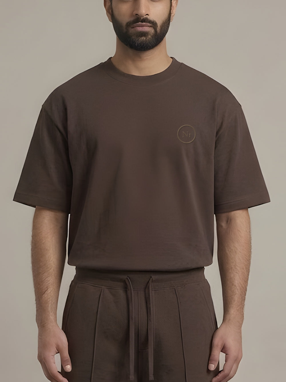 Contour Oversized Tee in Chocolate, N1T20, front with tonal embroidered mark at the left chest