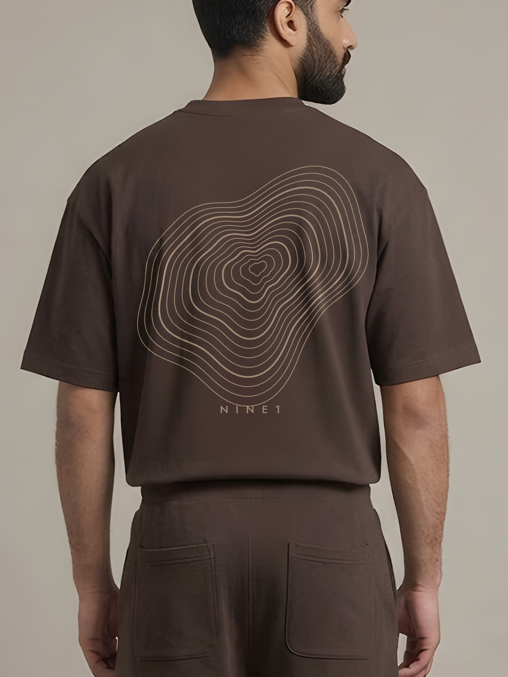 Contour Oversized Tee in Chocolate, N1T20, large tonal NINE1 terrain lines printed across the back