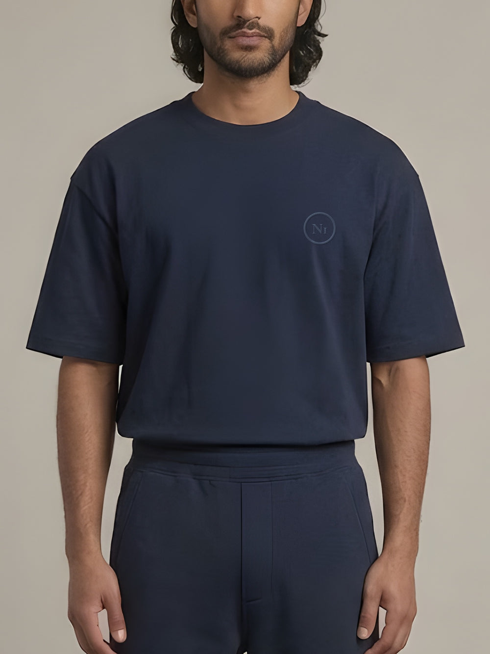 Grid Oversized Tee in Navy, N1T23, front with tonal embroidered mark at the left chest