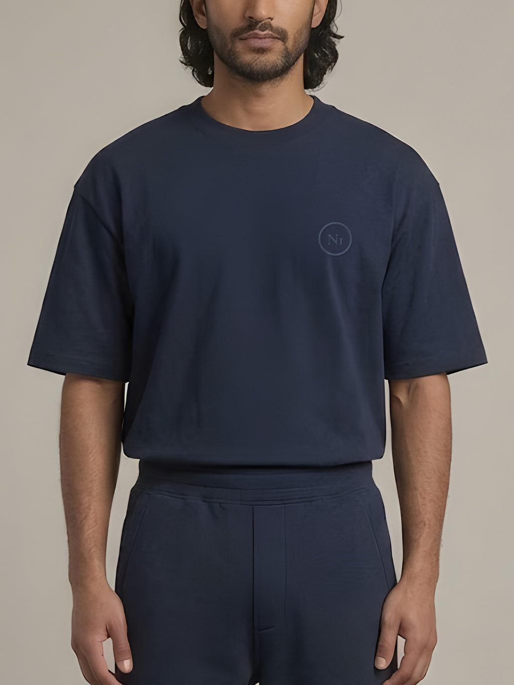 Grid Oversized Tee in Navy, N1T23, front with tonal embroidered mark at the left chest