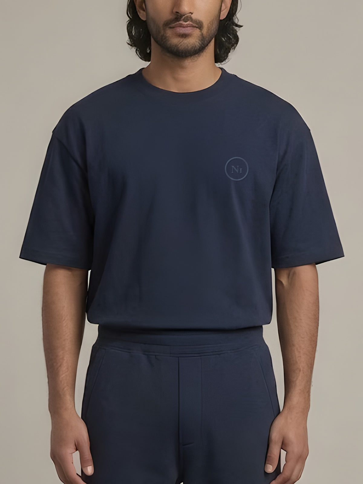Grid Oversized Tee in Navy, N1T23, front with tonal embroidered mark at the left chest
